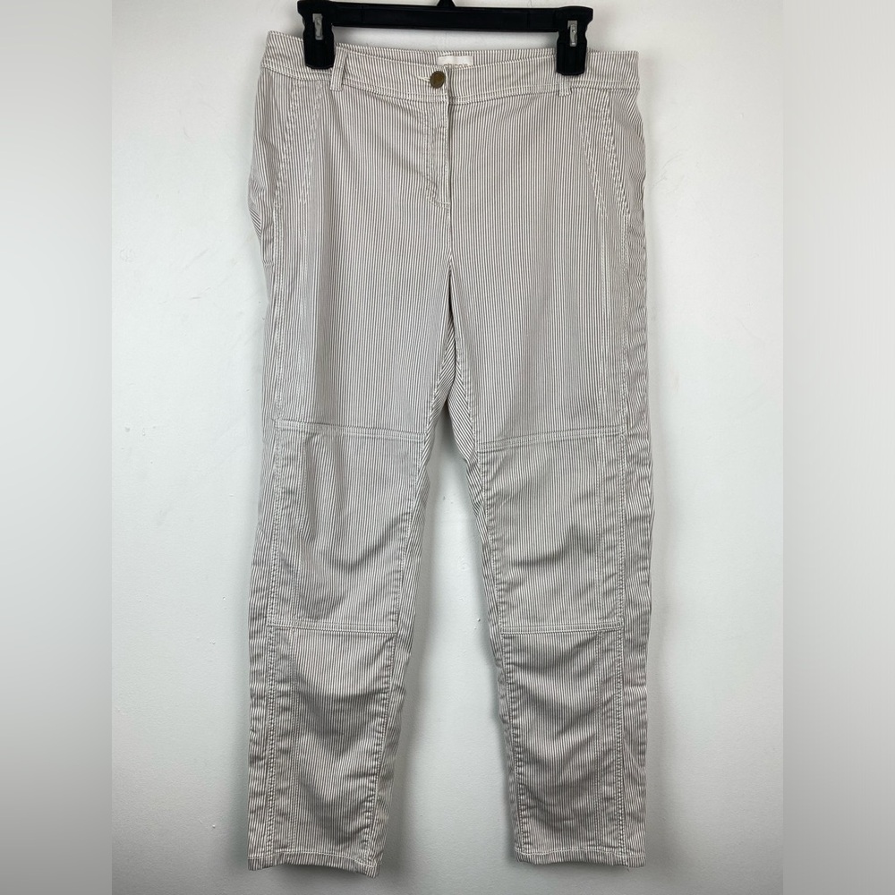 Chico’s size 2/Large Women’s White Gray Striped Brooke Slim Leg Twill Pants